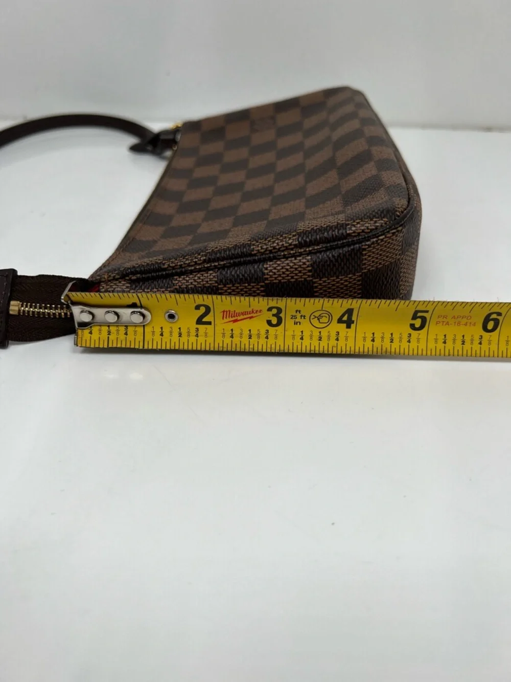 Louis Vuitton Damier Ebene Pochette Shoulder Bag Zip, Strap, Gold HW, Red Lining
